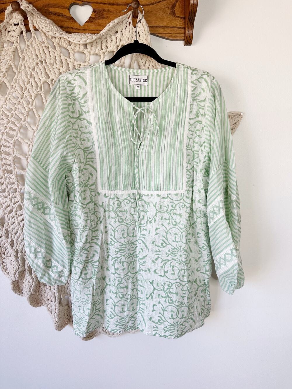 Sue Sartor Botanical Floral Stripe Cotttagecore Cotton Peasant Blouse XS Green